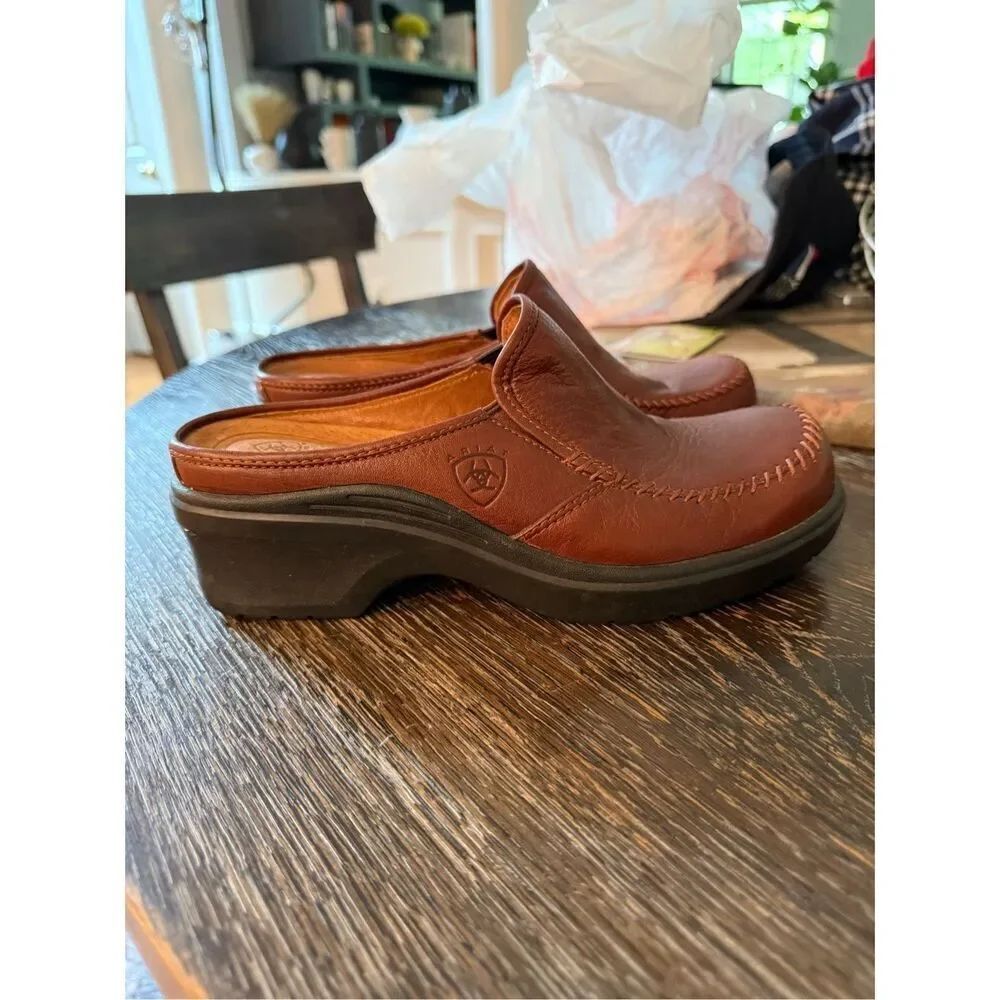 Ariat Cognac Brown Leather Safety Toe Clogs sz 8 NWOT
